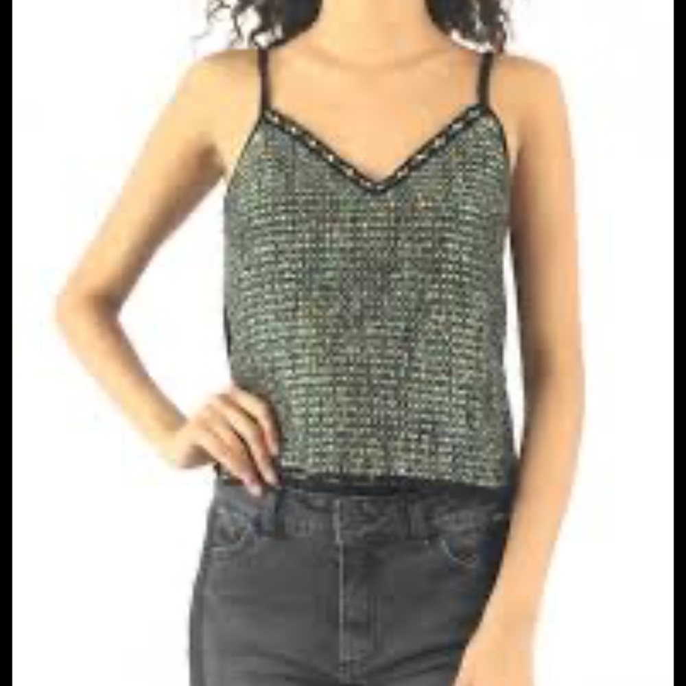 Zara Green Sequin Tweed Double V Camisole Tank Top Small